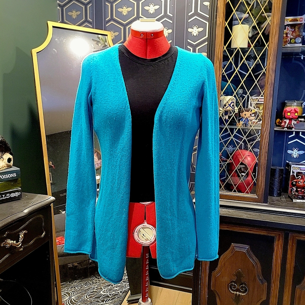 100% Cashmere Teal Open Front Cardigan